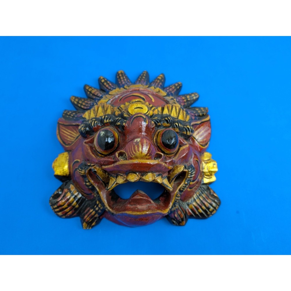 Vintage Hand Carved Barong Bali Mask Painted Indonesia Wood Wall Art